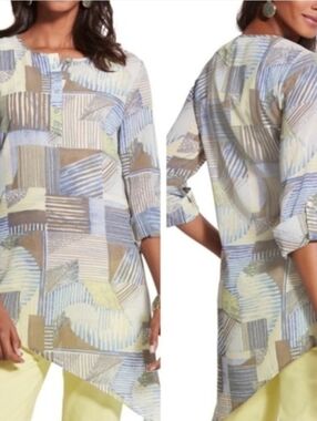 Chico’s Linear Lines Ali Top Sheer Fairview Blue Woven Pattern Size 2